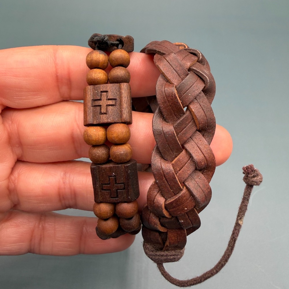 Set of 2 Brown Wooden Bead Braided Cord Cross Bracelets Boho Christian Gift Men - Picture 12 of 17